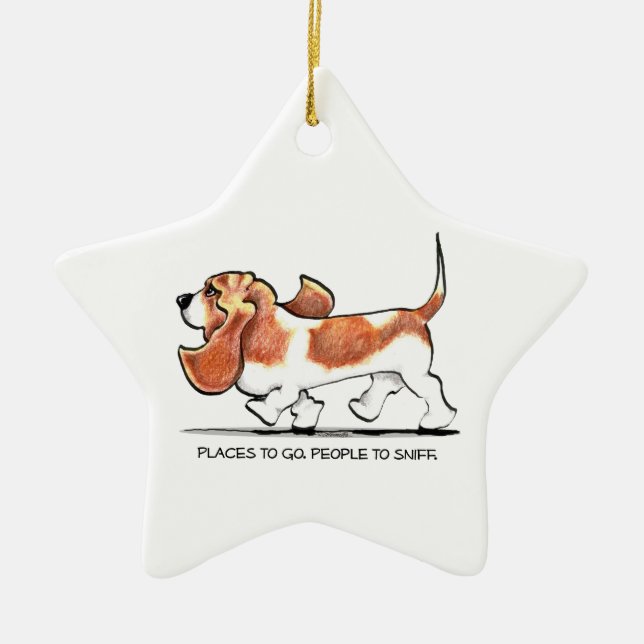 Busy Basset Hound Ceramic Ornament (Front)