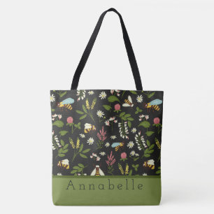 Busy Bee and Flowers Personalize Tote Bag