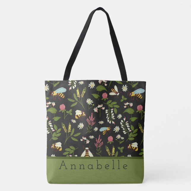 Busy Bee and Flowers Personalize Tote Bag (Front)