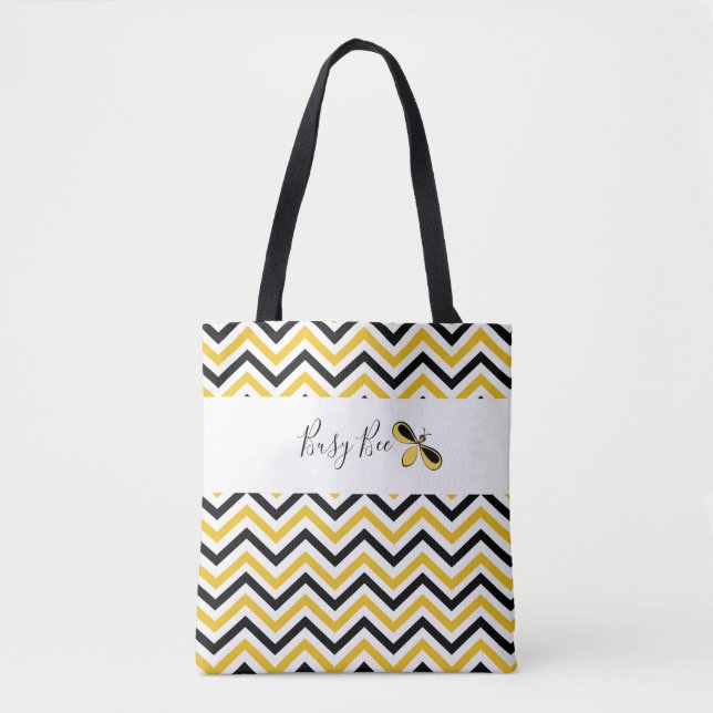 Busy Bee, Yellow, White & Black Waves Tote Bag (Front)
