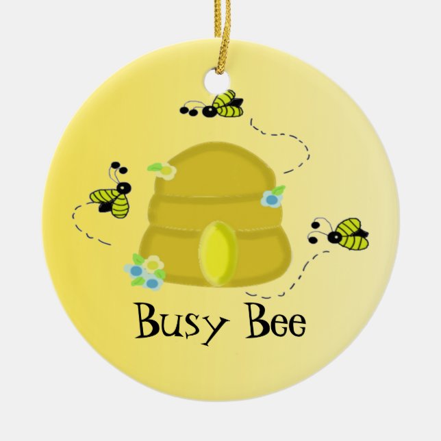 Busy Bees with Beehive Ceramic Ornament (Front)