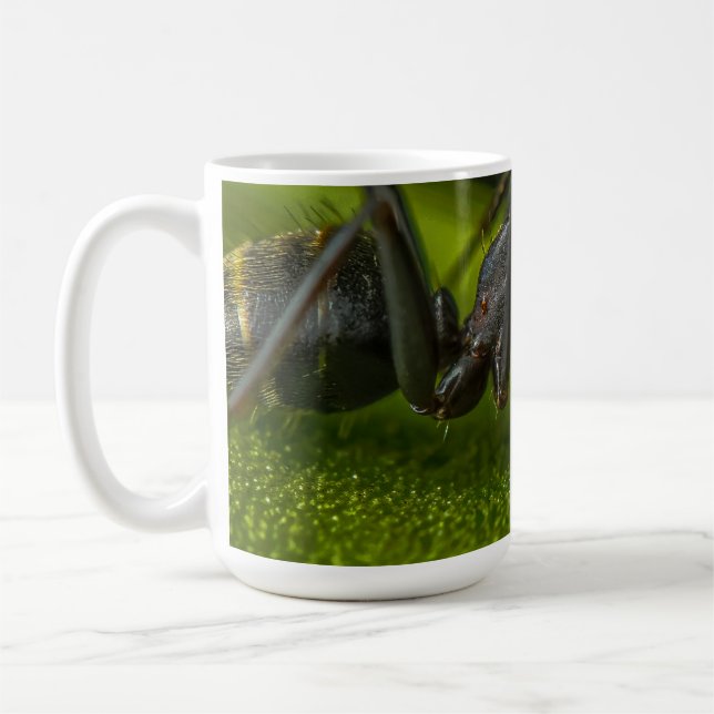Busy Black Ant on a Green Leaf Coffee Mug (Left)
