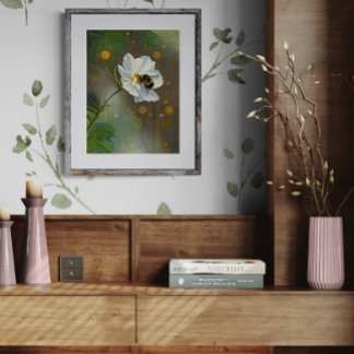 Busy Bumblebee Pollinating White Cosmos Flower Photo Print