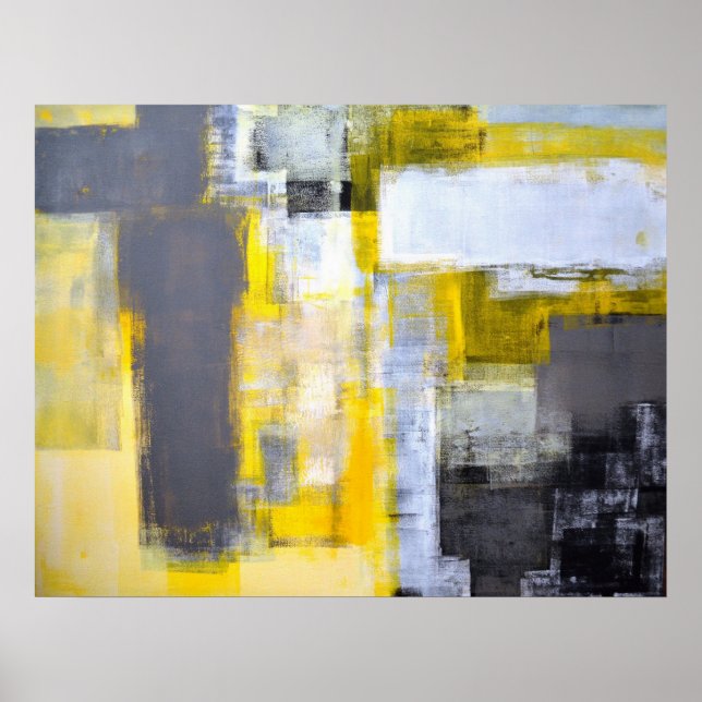 'Busy, Busy' Gray and Yellow Abstract Art Poster (Front)