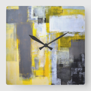 'Busy, Busy' Gray and Yellow Abstract Art Square Wall Clock
