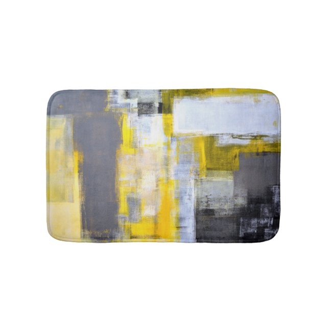 'Busy, Busy' Grey and Yellow Abstract Art Bath Mat (Front)