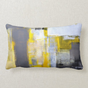 'Busy, Busy' Grey and Yellow Abstract Art Lumbar Pillow