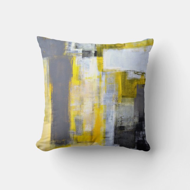 'Busy, Busy' Grey and Yellow Abstract Art Throw Pillow (Front)