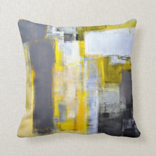'Busy, Busy' Grey and Yellow Abstract Art Throw Pillow