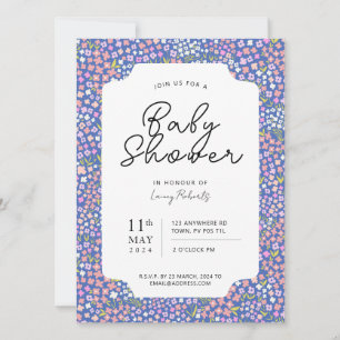 Busy Ditsy Floral Pink and Indigo Blue Baby Shower Invitation