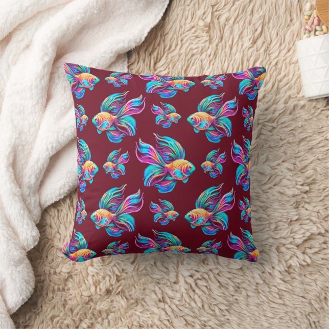 Busy Fishes Red Throw Pillow (Blanket)