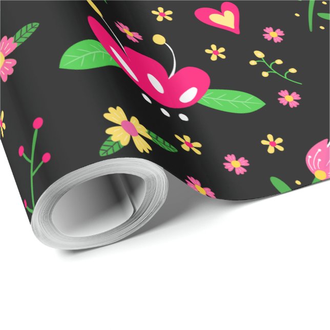 Busy Floral Pattern on Black Wrapping Paper (Roll Corner)