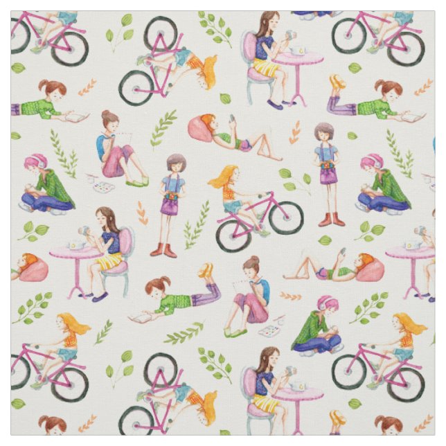 Busy Girls Watercolor Pattern Fabric (Swatch)