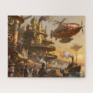 Busy Harbor in Steampunk City Jigsaw Puzzle
