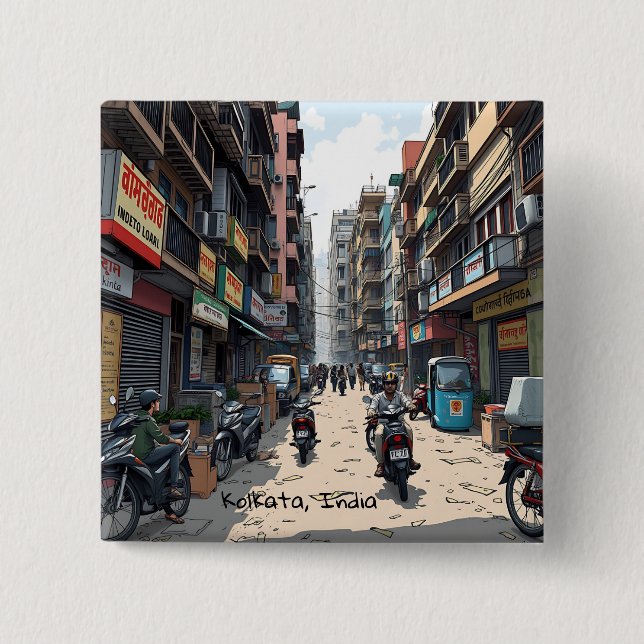 Busy Street of downtown Kolkata, India  2 Inch Square Button (Front)