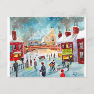 Busy street scene winter train oil painting art postcard