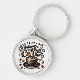 But First Coffee Art - Stylish Gold Design Keychain