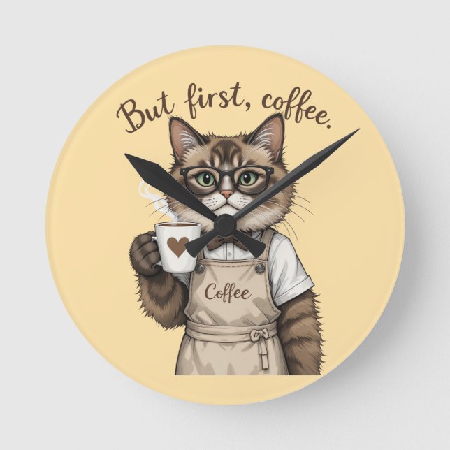 But First, Coffee Cat Round Clock (Front)