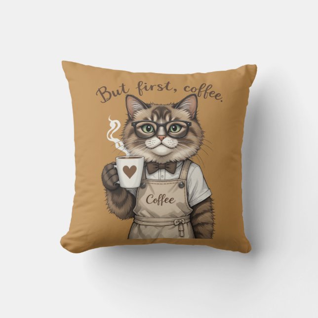 But First, Coffee Cat Throw Pillow (Front)