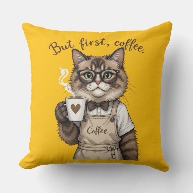 But First, Coffee Cat Throw Pillow (Front)