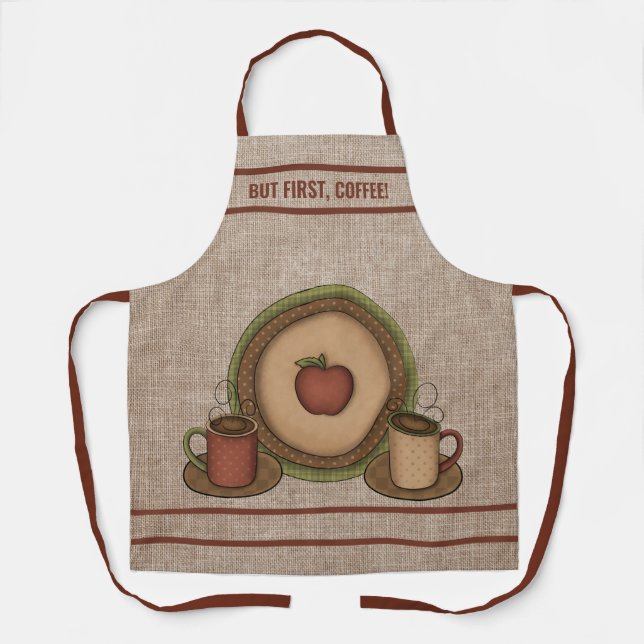 But first, Coffee! Coffee Mugs and Apple Plate   Apron (Front)