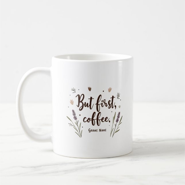 But First Coffee Floral Cute Minimalist Personaliz Coffee Mug (Left)