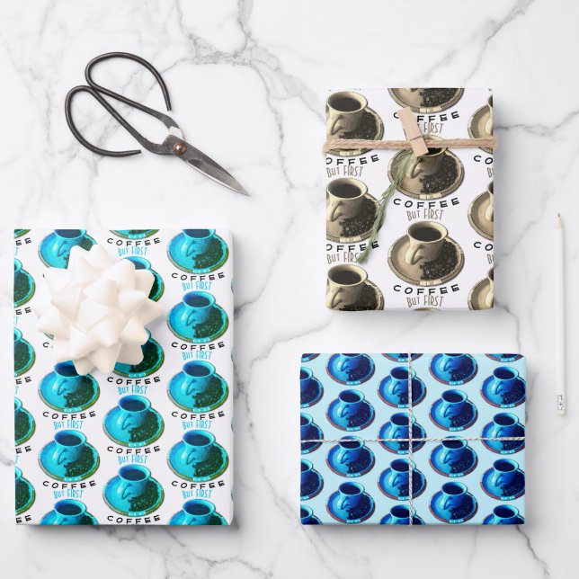 But First Cup and Saucer Coffee Lovers  Wrapping Paper Sheet (Front)