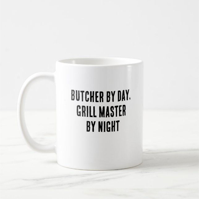 Butcher by day, grill master by night coffee mug (Left)
