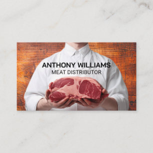 Butcher Holding Meat Cut   Wooden Cutting Board Business Card