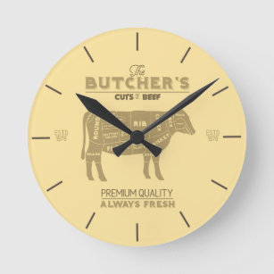Butcher Shop Cuts of Beef Diagram Round Clock