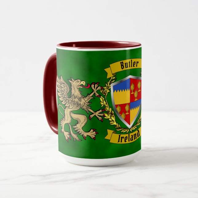 Butler Irish Shield & Griffins Personalized  Mug (Front Left)