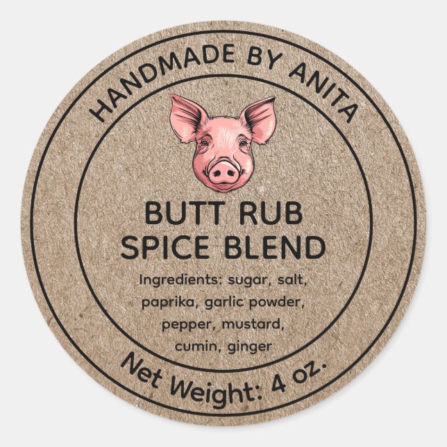 Butt Rub Spice Blend Jar Label Kraft Paper Style (Front)