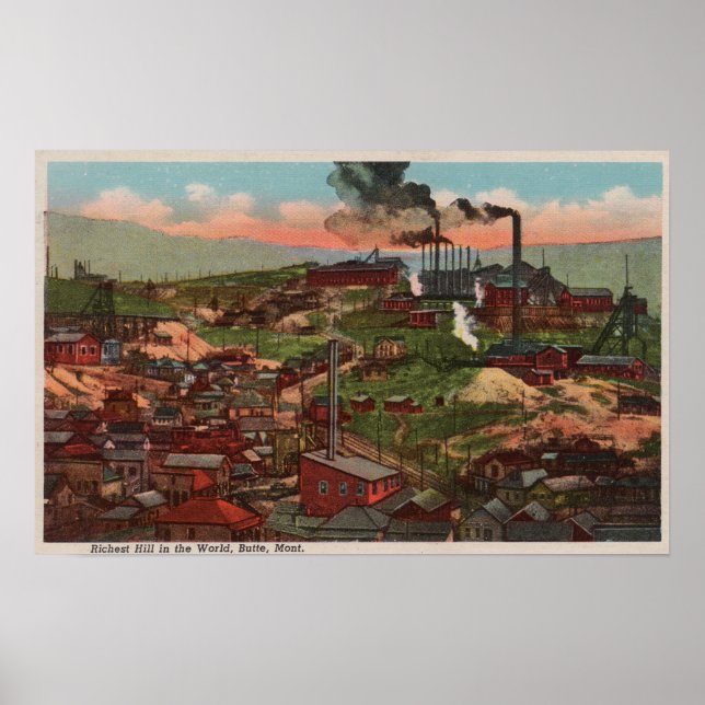 Butte, MT - View of Factories & Homes on Hill Poster (Front)