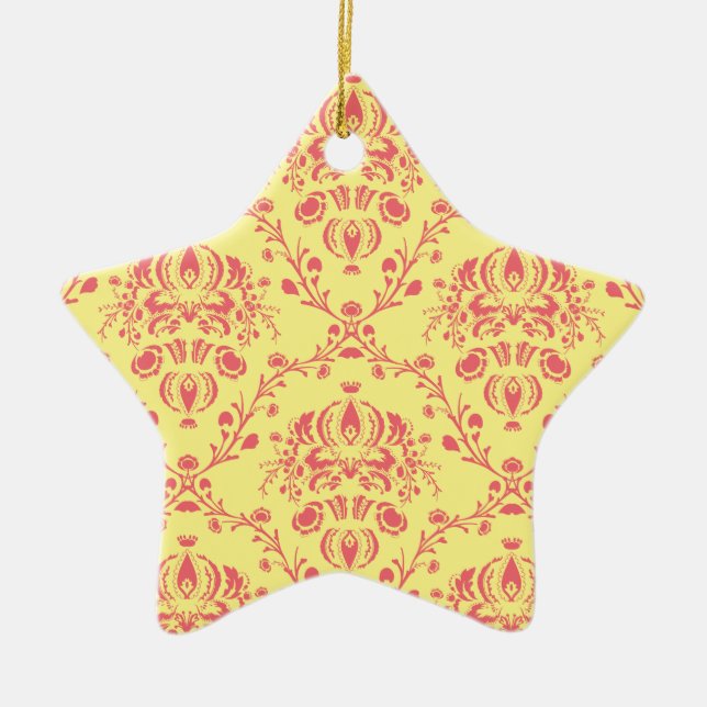 Butter and Cranberry Damask Ceramic Ornament (Front)