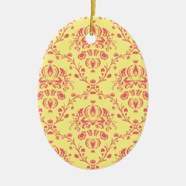 Butter and Cranberry Damask Ceramic Ornament (Front)