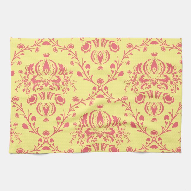 Butter and Cranberry Damask Kitchen Towel (Horizontal)
