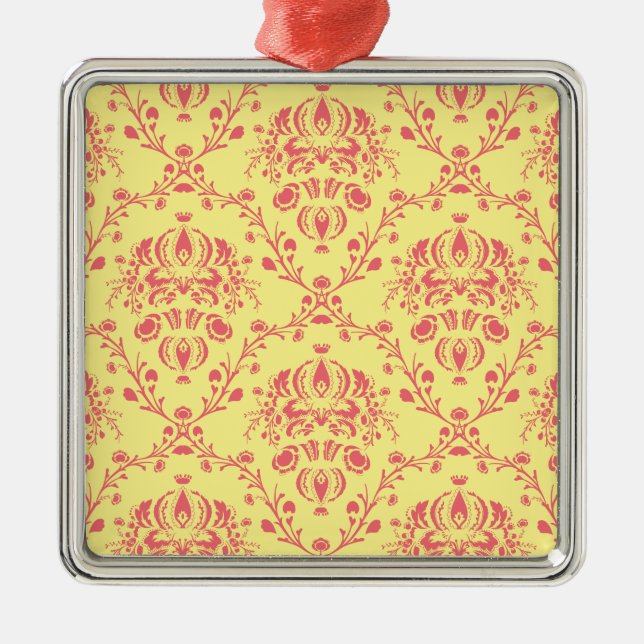 Butter and Cranberry Damask Metal Ornament (Front)