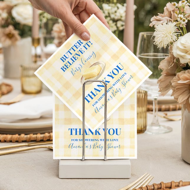 Butter Believe It Yellow Gingham Boy Baby Shower Napkin (Creator Uploaded)