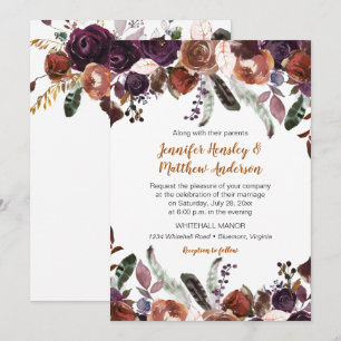 Butter Rum Rust Dark Purple Roses Boho Wedding Invitation