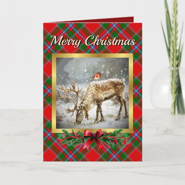 Butter Stag & Robin Tartan Personalized  Holiday Card (Front)
