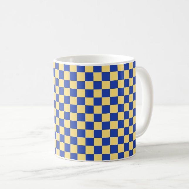 Butter yellow and blue checkered board pattern coffee mug (Front Right)