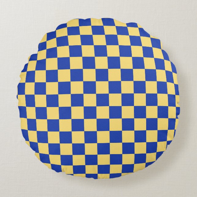 Butter yellow and blue checkered board pattern round pillow (Front)