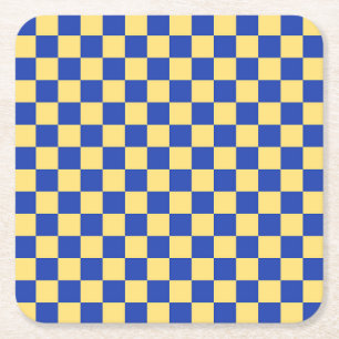 Butter yellow and blue checkered board pattern square paper coaster