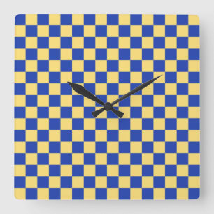 Butter yellow and blue checkered board pattern square wall clock