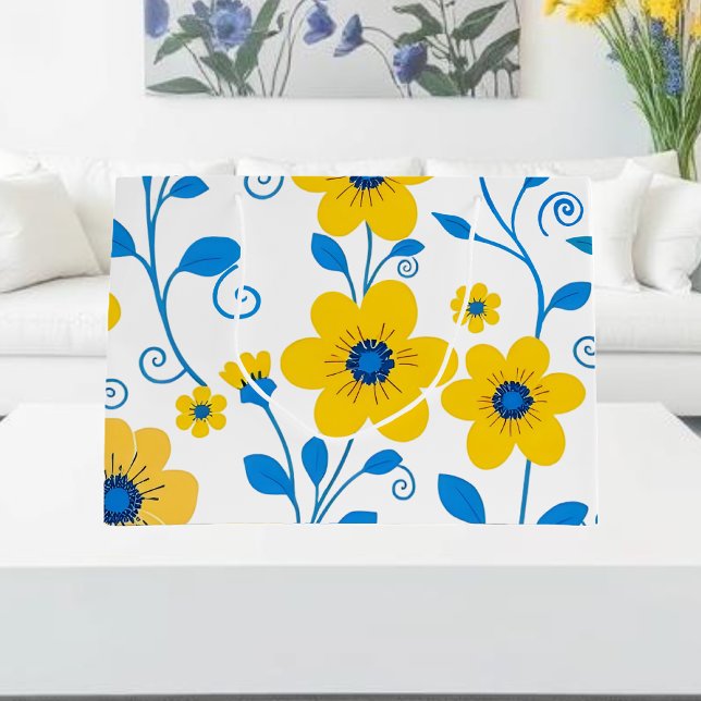 Butter Yellow and Blue Floral Large Gift Bag (Butter Yellow and Blue Floral Large Gift Bag White)