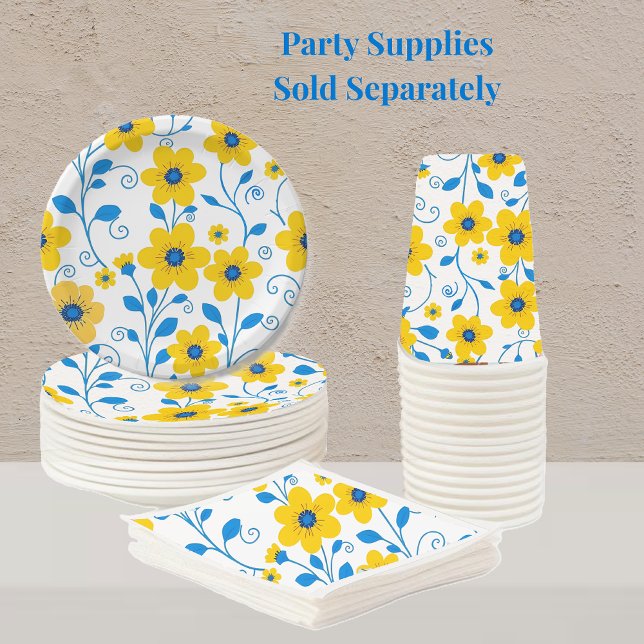Butter Yellow and Blue Floral Paper Plate (Butter Yellow and Blue Floral Pattern- Party Supplies, plates, napkins and cups)