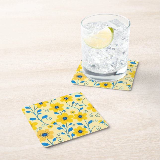 Butter Yellow and Blue Floral Square Paper Coaster (Insitu)