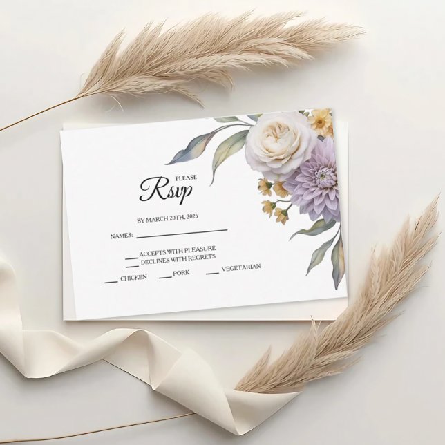 Butter Yellow And Lilac Floral Wedding RSVP Cards (Creator Uploaded)