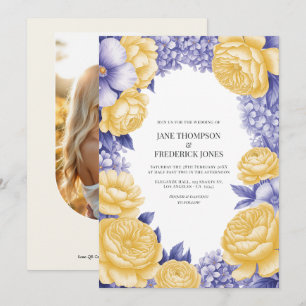 Butter Yellow and Periwinkle Floral Wedding Photo Invitation