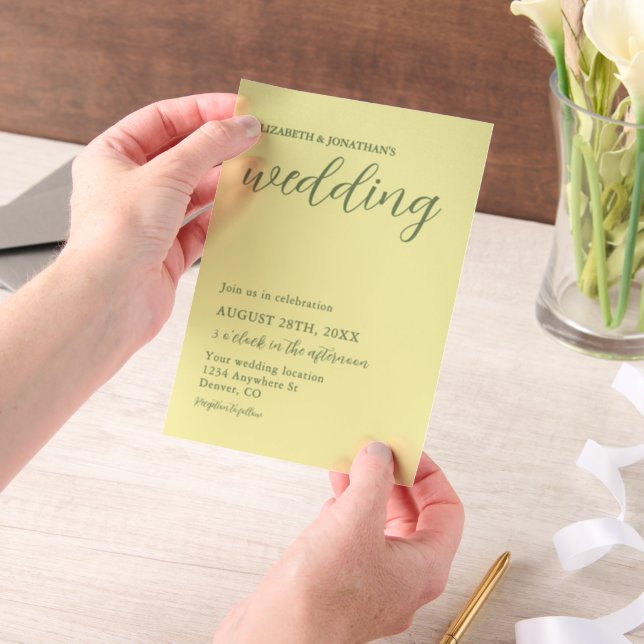 Butter Yellow and Sage Minimalist Wedding Vellum Invitations (Handheld)